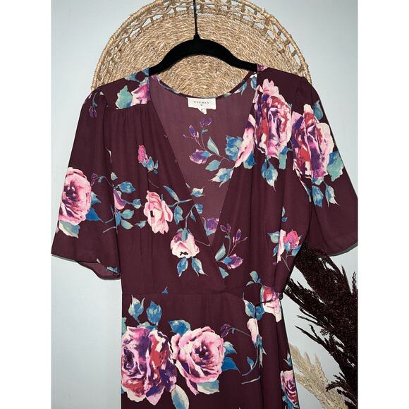 Everly Size Med Purple Floral Midi V-Neck Wrap Dress Short Sleeve Mid Calf - Picture 2 of 8